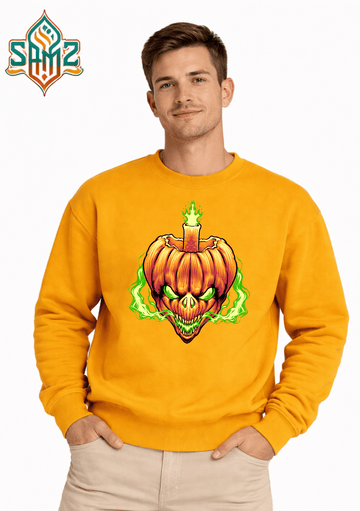 Green Flame Pumpkin Skull  – Premium DTF Transfer Print for T-Shirts | Custom Heat Transfer Unisex | High Quality Shirt Printing | SAMZ 24