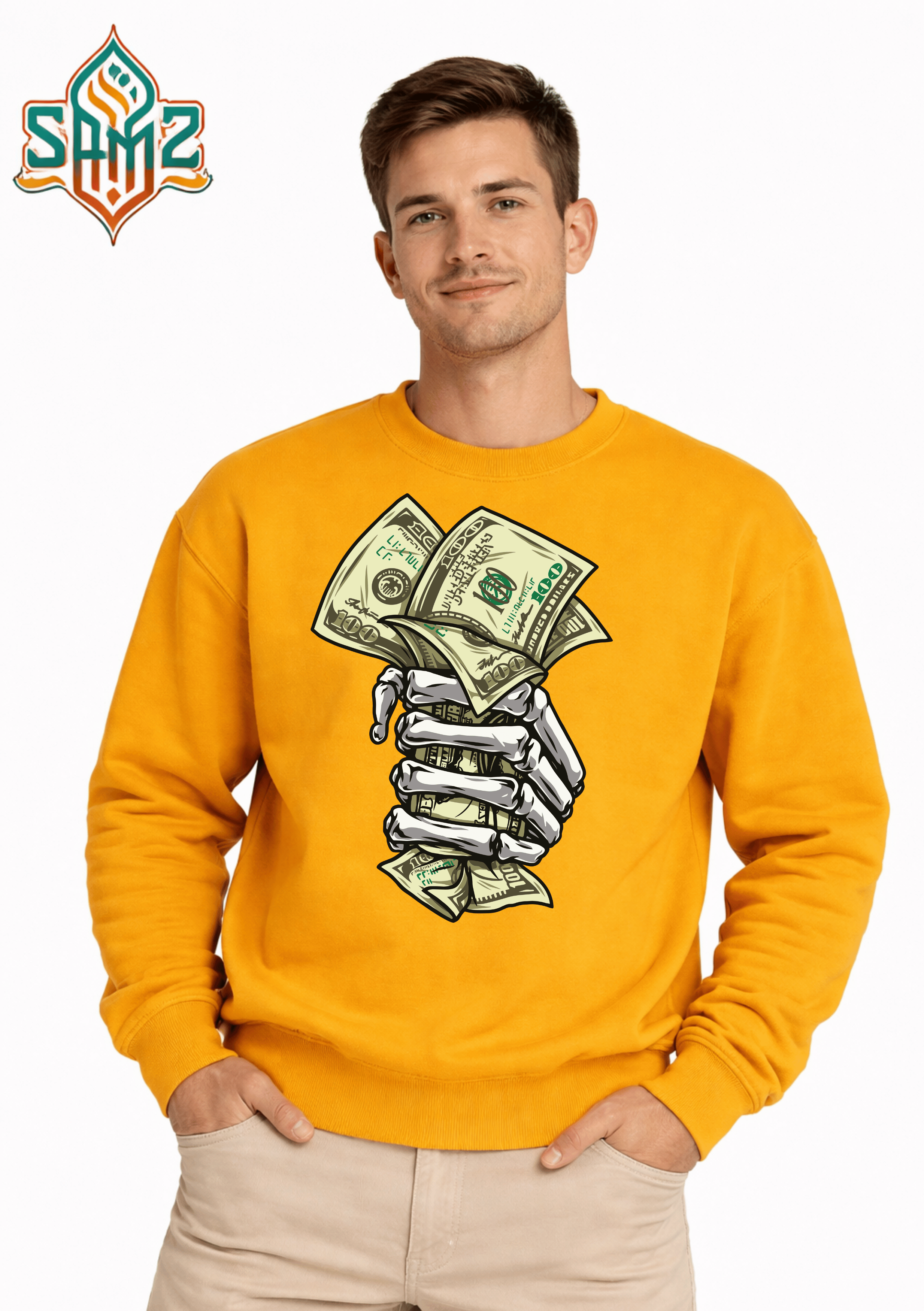 Cash in Skelton Hand – Premium DTF Transfer Print for T-Shirts | Custom Heat Transfer Unisex | High Quality Shirt Printing | SAMZ 24
