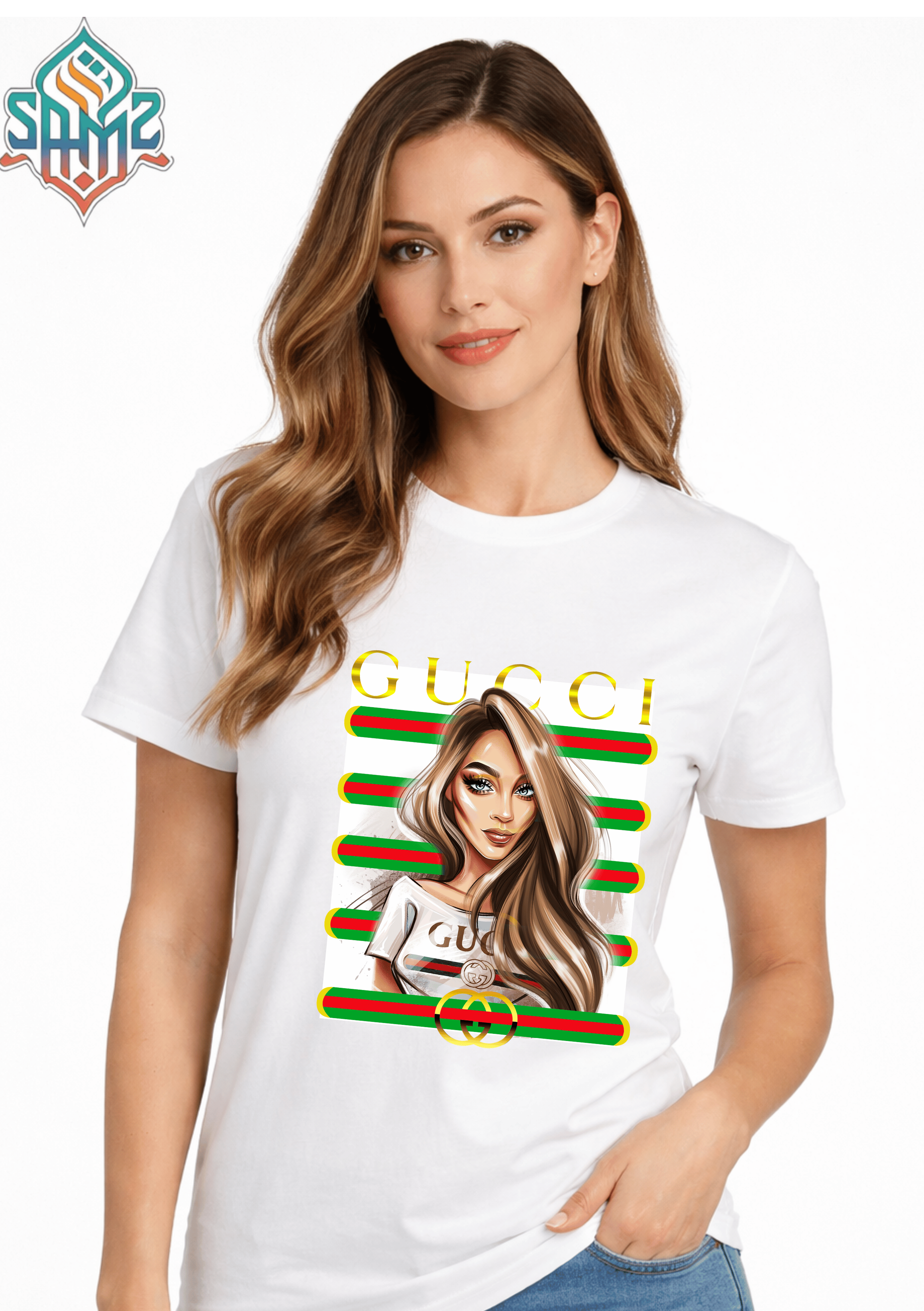 WOMAN GUCCI – Premium DTF Transfer Print for T-Shirts | Custom Heat Transfer Design for Men Women Kids | High Quality Graphic Shirt Printing | SAMZ 24
