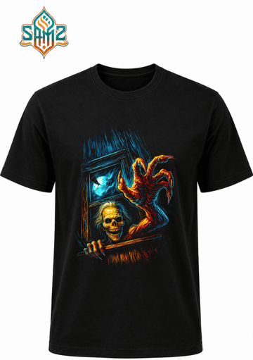 Skeleton In A Dark Window – Premium DTF Transfer Print for T-Shirts | Custom Heat Transfer Design Unisex | High Quality Shirt Printing | SAMZ 24