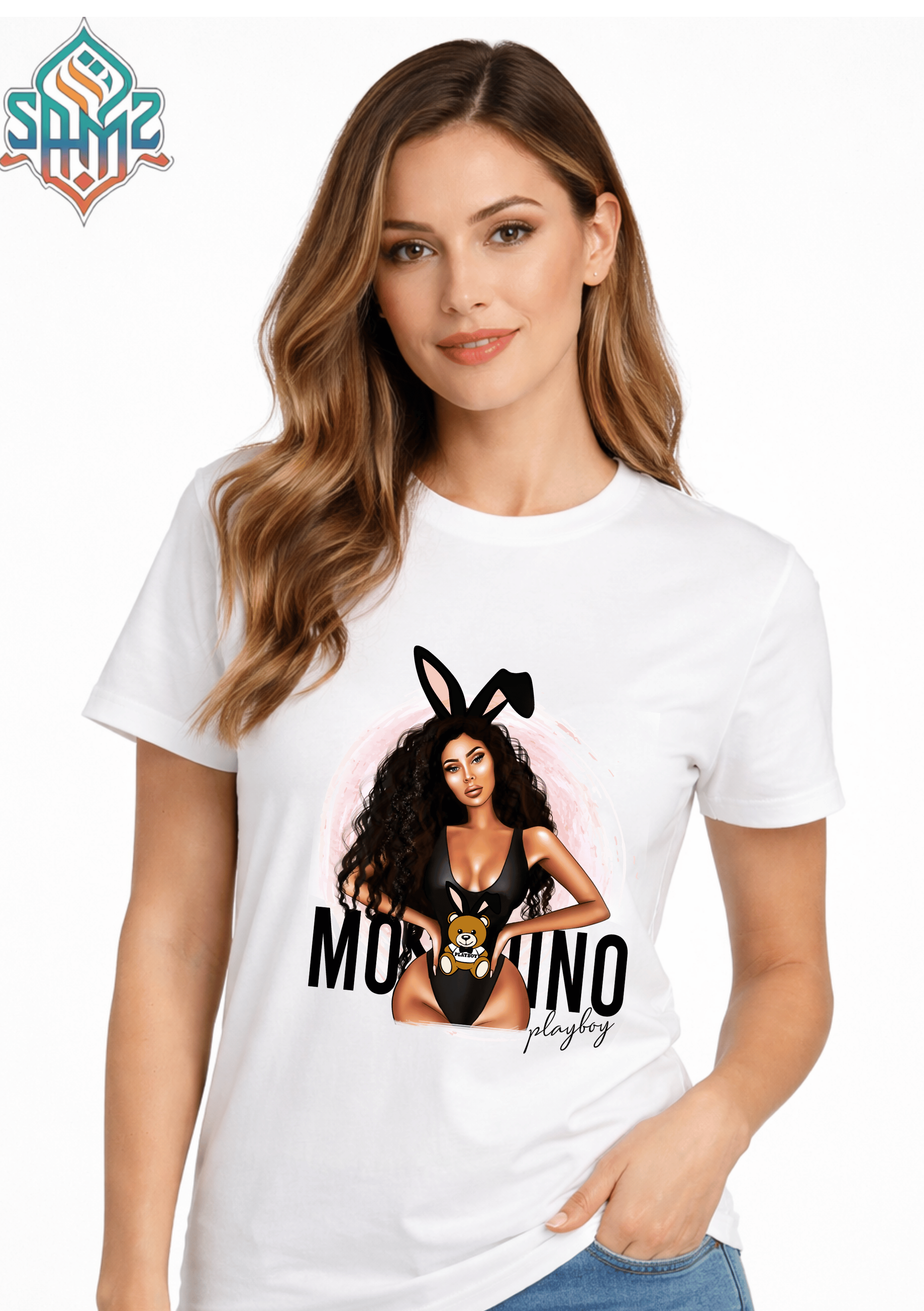 MOSCHINO PLAYBOY WOMAN – Premium DTF Transfer Print for T-Shirts | Custom Heat Transfer Design for Men Women Kids | High Quality Graphic Shirt Printing | SAMZ 24
