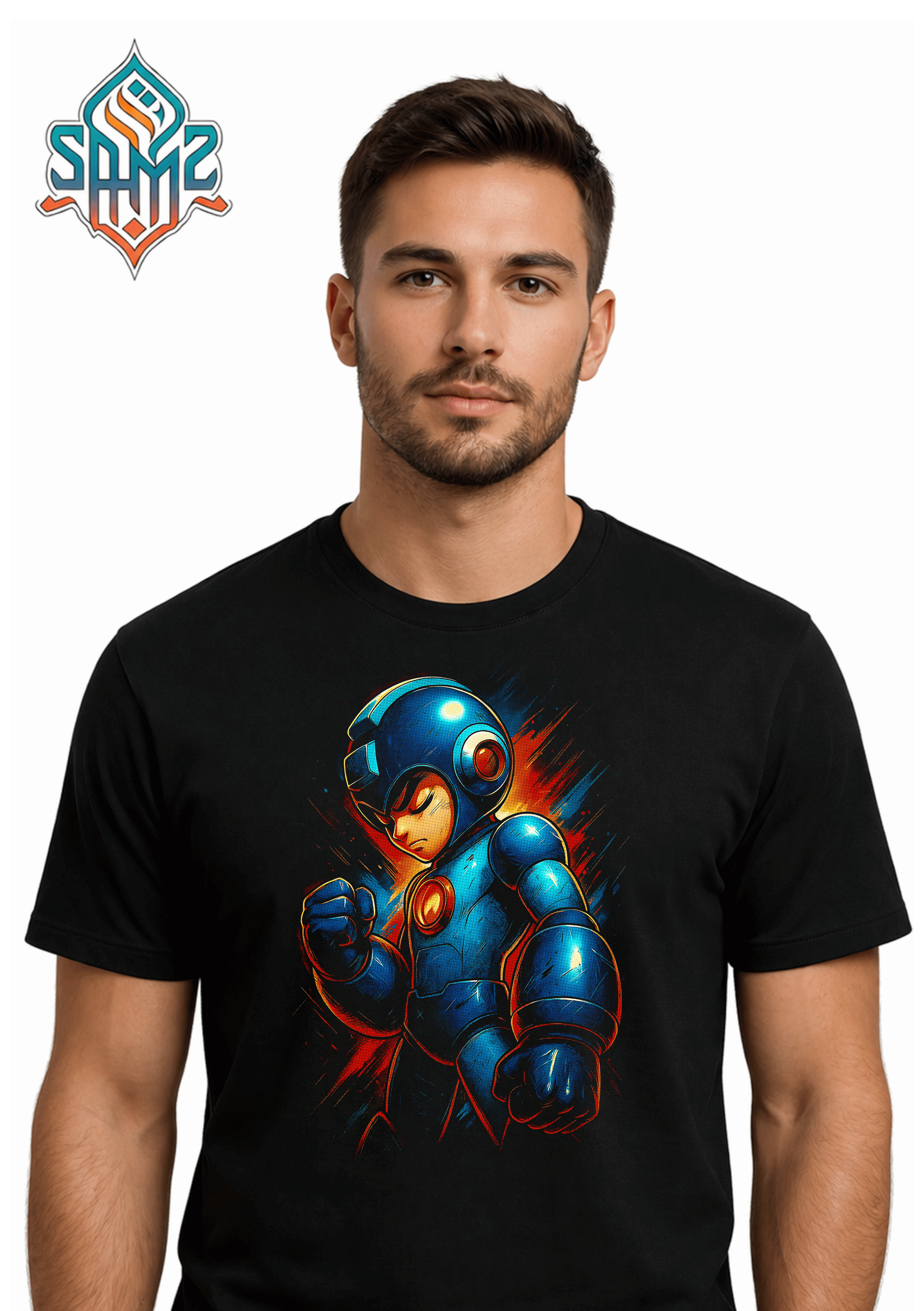 Mega Man Style Blue Fighter – Premium DTF Transfer Print for T-Shirts | Custom Heat Transfer Design Unisex | High Quality Shirt Printing | SAMZ 24