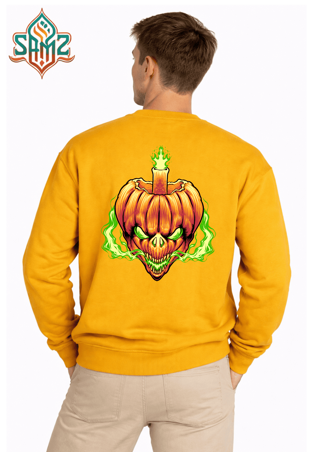 Green Flame Pumpkin Skull  – Premium DTF Transfer Print for T-Shirts | Custom Heat Transfer Unisex | High Quality Shirt Printing | SAMZ 24