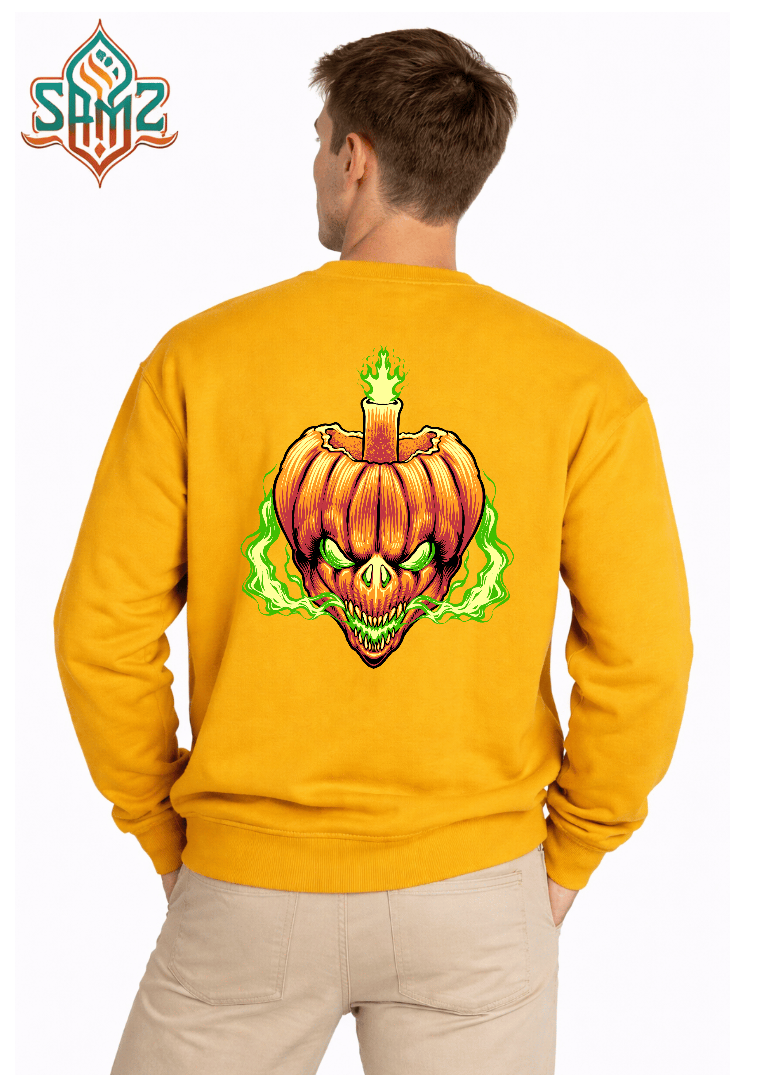 Green Flame Pumpkin Skull  – Premium DTF Transfer Print for T-Shirts | Custom Heat Transfer Unisex | High Quality Shirt Printing | SAMZ 24