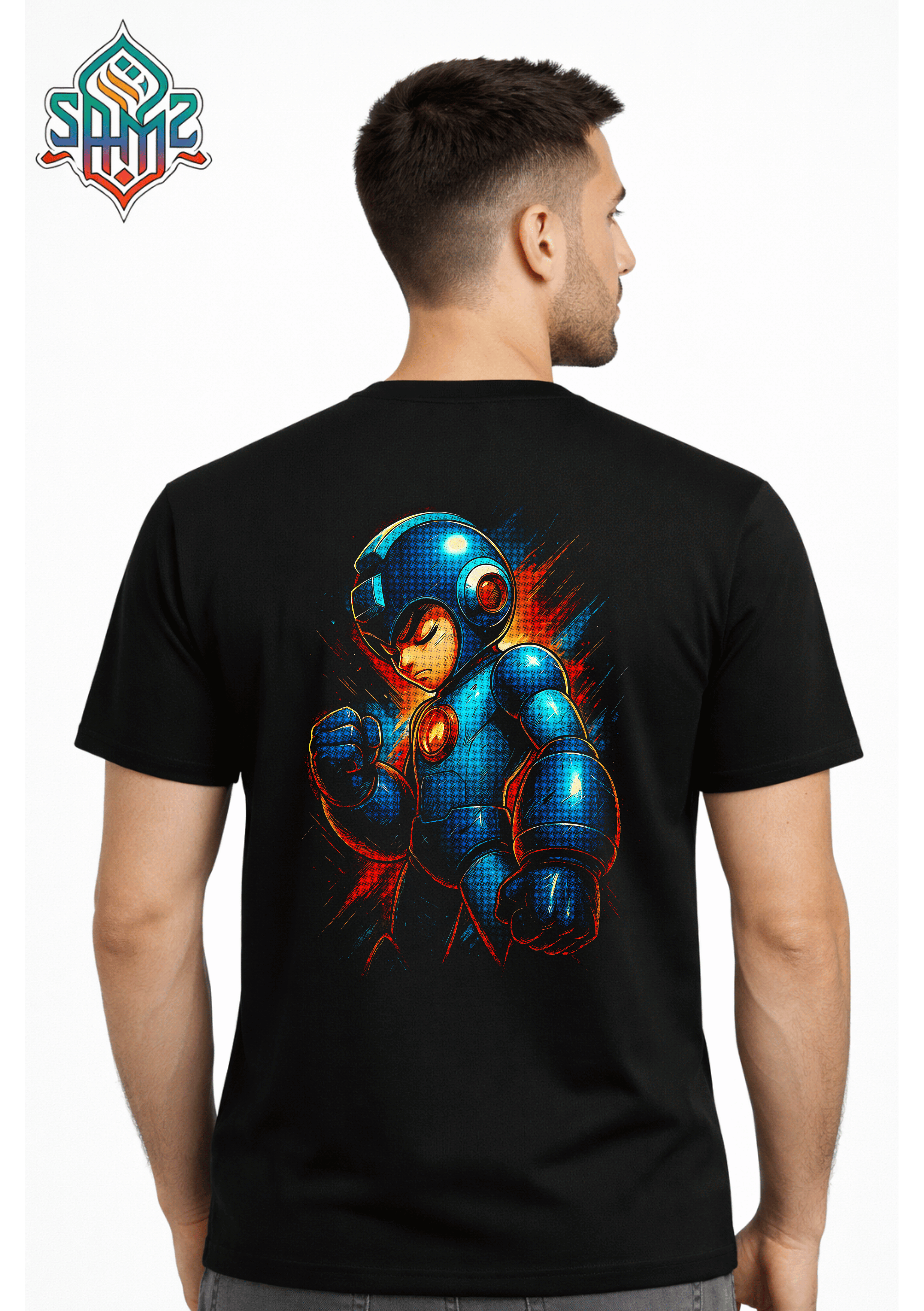 Mega Man Style Blue Fighter – Premium DTF Transfer Print for T-Shirts | Custom Heat Transfer Design Unisex | High Quality Shirt Printing | SAMZ 24