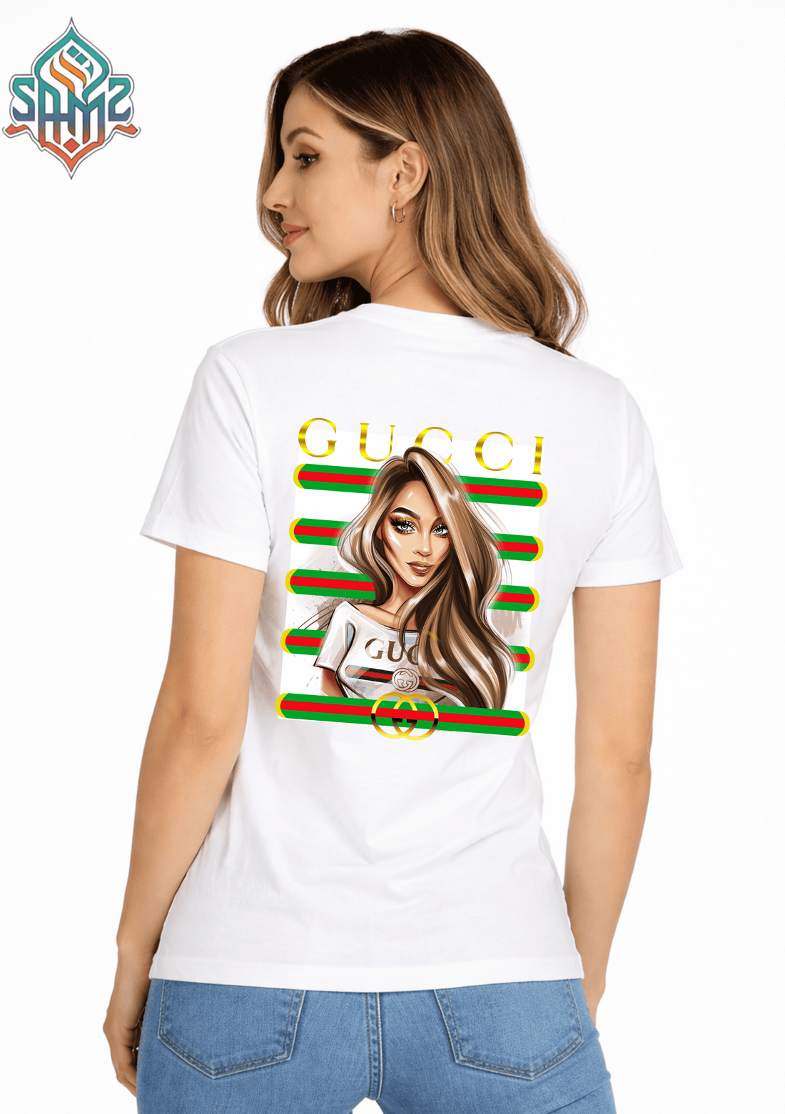 WOMAN GUCCI – Premium DTF Transfer Print for T-Shirts | Custom Heat Transfer Design for Men Women Kids | High Quality Graphic Shirt Printing | SAMZ 24