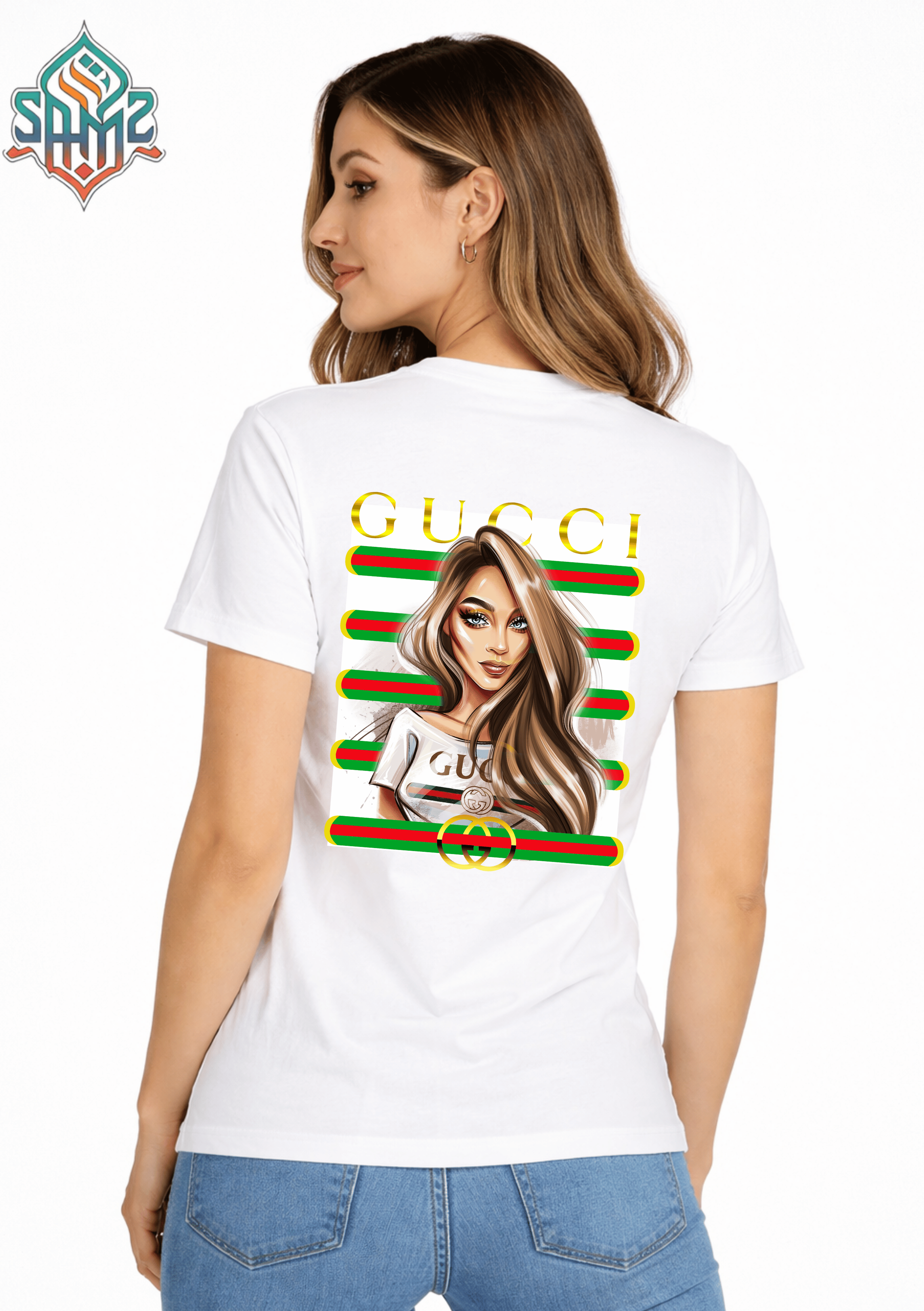 WOMAN GUCCI – Premium DTF Transfer Print for T-Shirts | Custom Heat Transfer Design for Men Women Kids | High Quality Graphic Shirt Printing | SAMZ 24