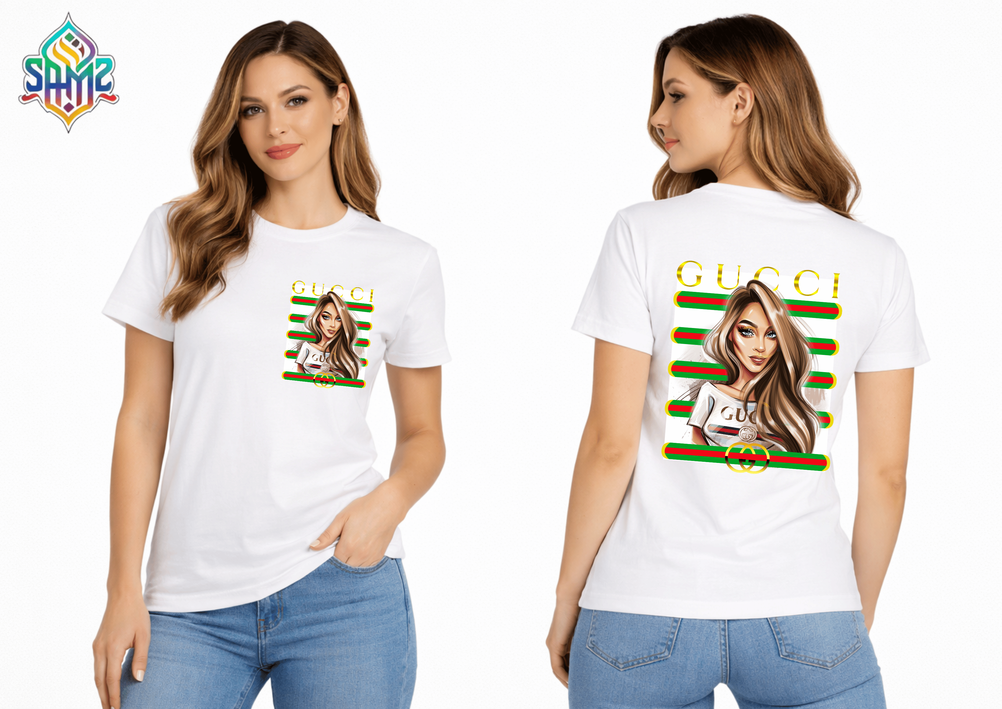WOMAN GUCCI – Premium DTF Transfer Print for T-Shirts | Custom Heat Transfer Design for Men Women Kids | High Quality Graphic Shirt Printing | SAMZ 24