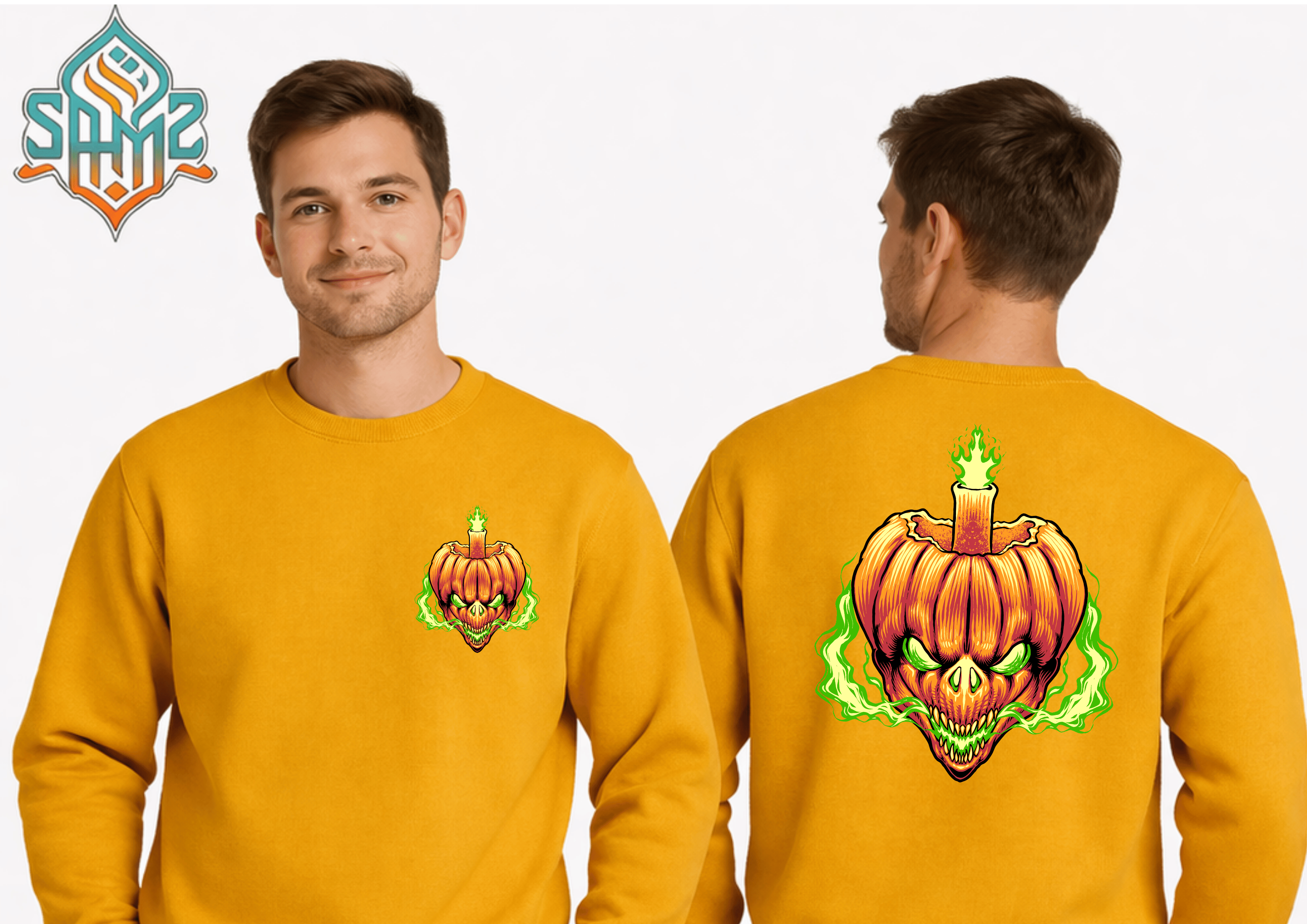 Green Flame Pumpkin Skull  – Premium DTF Transfer Print for T-Shirts | Custom Heat Transfer Unisex | High Quality Shirt Printing | SAMZ 24