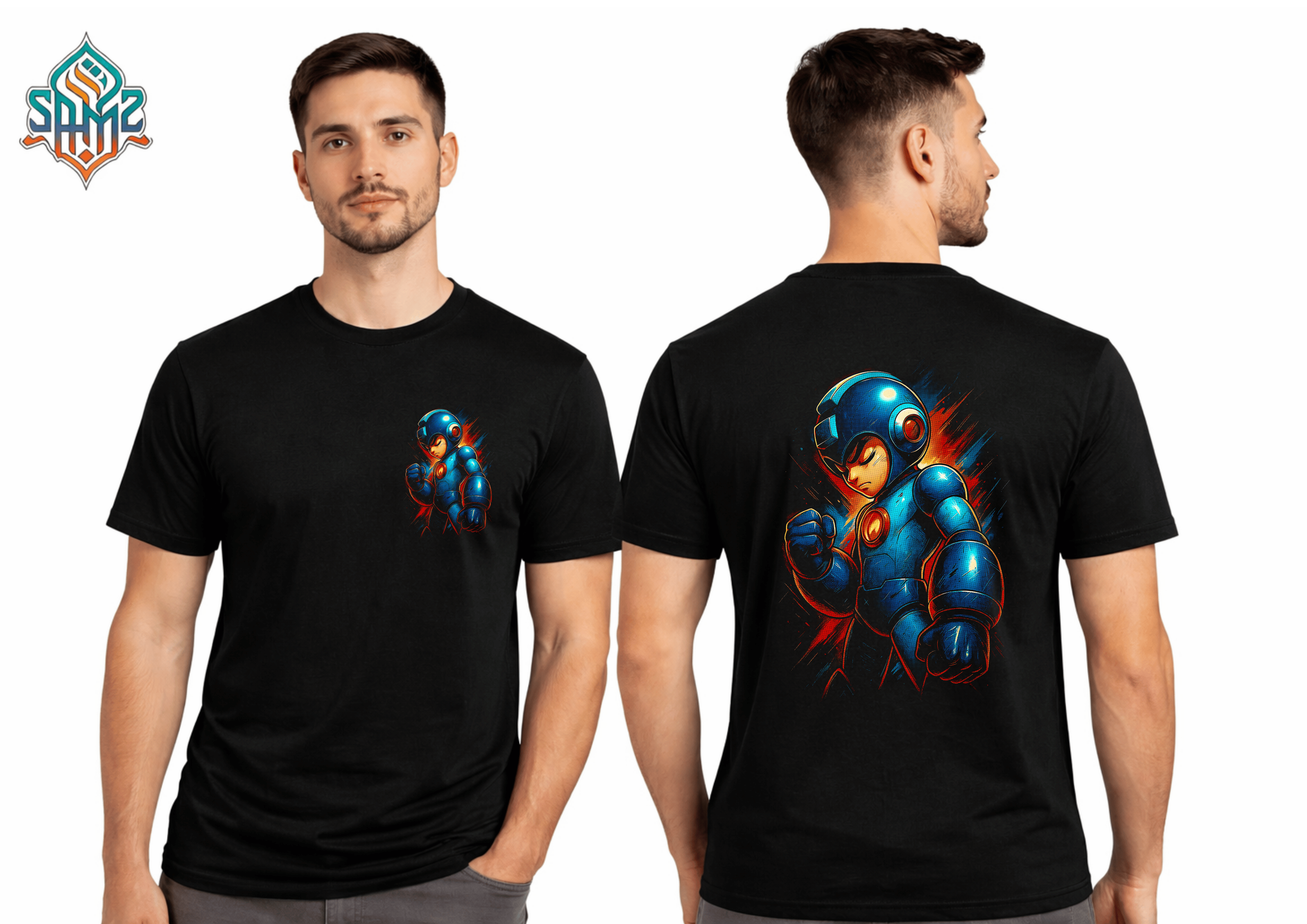 Mega Man Style Blue Fighter – Premium DTF Transfer Print for T-Shirts | Custom Heat Transfer Design Unisex | High Quality Shirt Printing | SAMZ 24