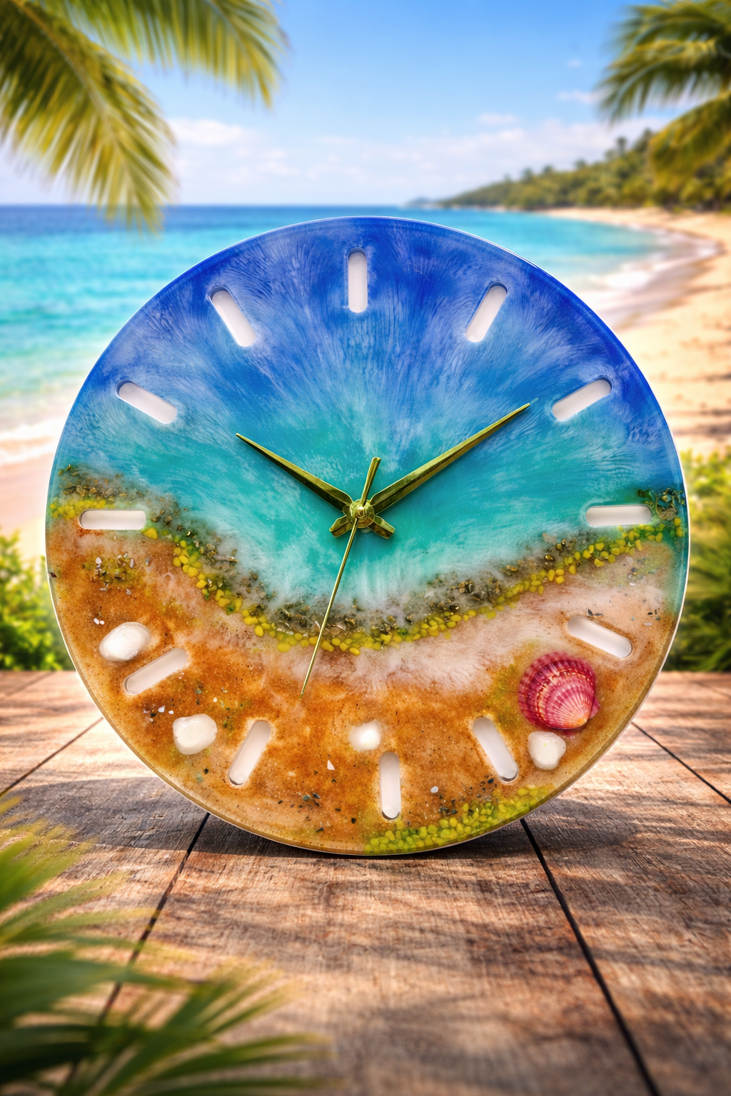Luxury Handmade Epoxy Resin Beach Clock – Ocean Wave Wall Clock with Real Sand & Shells – Coastal Resin Art Clock – Unique Beach House Decor – SAMZ24