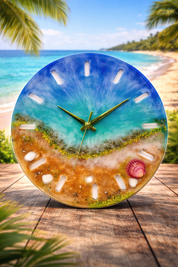 Luxury Handmade Epoxy Resin Beach Clock – Ocean Wave Wall Clock with Real Sand & Shells – Coastal Resin Art Clock – Unique Beach House Decor – SAMZ24