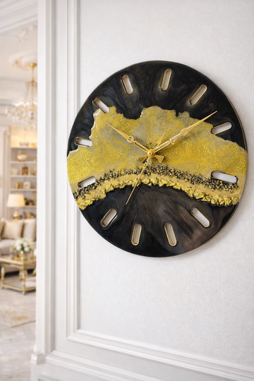 Luxury Black & Gold Epoxy Resin Wall Clock – Handmade Geode Resin Clock – Modern Elegant Wall Decor – Luxury Home Decor Clock – SAMZ24