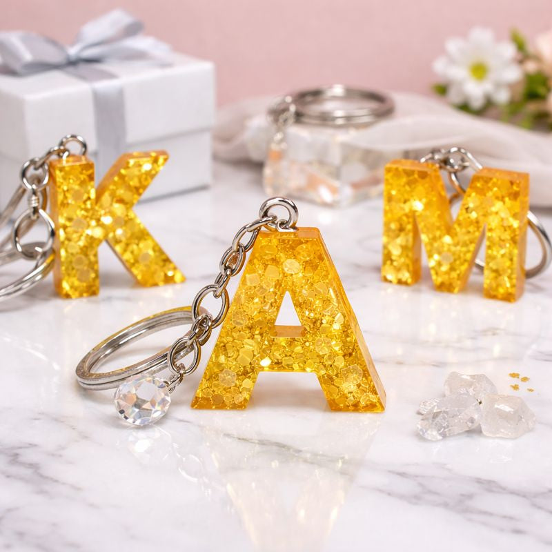 Personalized Resin Initial  with Yellow Flowers Keychain