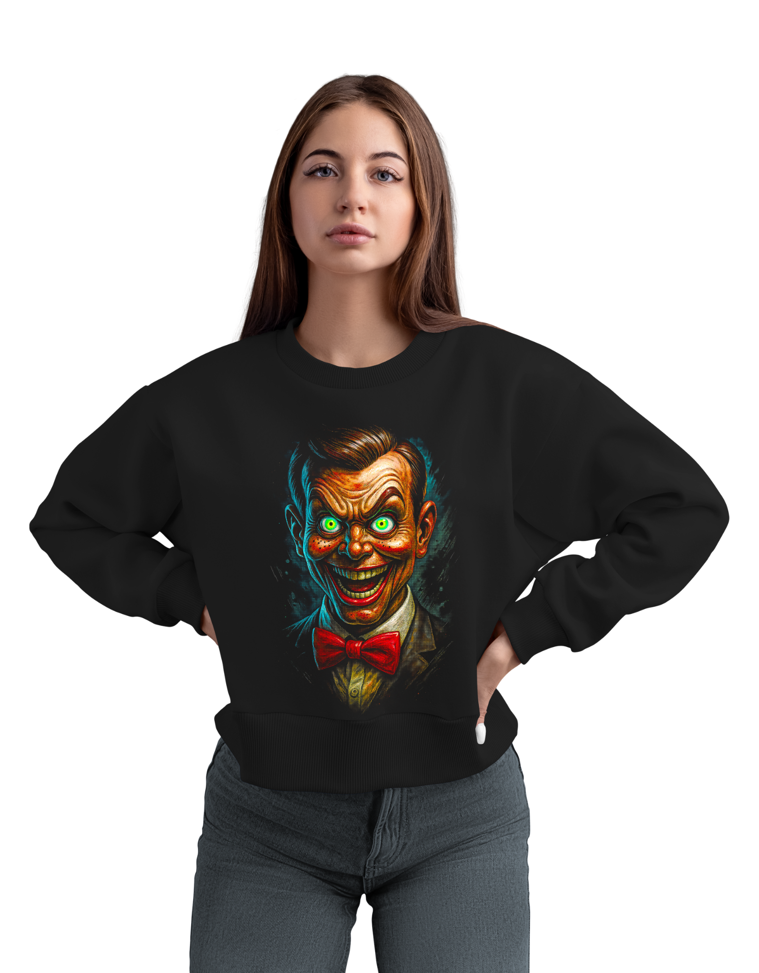 Evil Doll Graphic Sweatshirt – Horror Streetwear Crewneck | Dark Gothic Unisex Pullover | SAMZ24 Exclusive