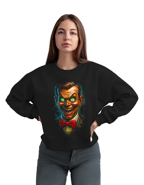 Evil Doll Graphic Sweatshirt – Horror Streetwear Crewneck | Dark Gothic Unisex Pullover | SAMZ24 Exclusive