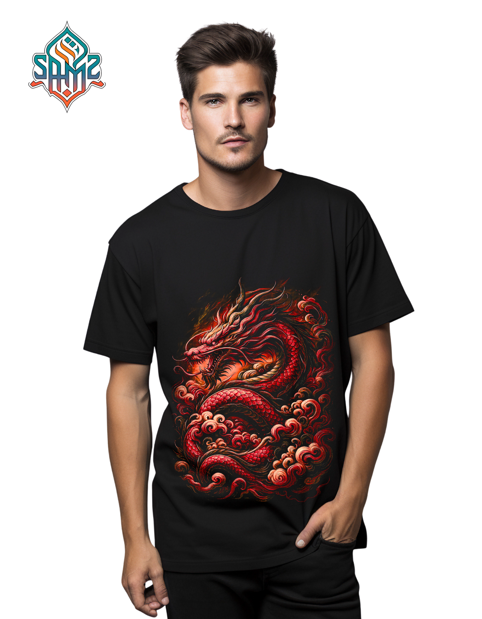 Japanese Red Dragon T-Shirt – Mythical Asian Dragon Graphic Tee | Samurai Style Streetwear Shirt | SAMZ24