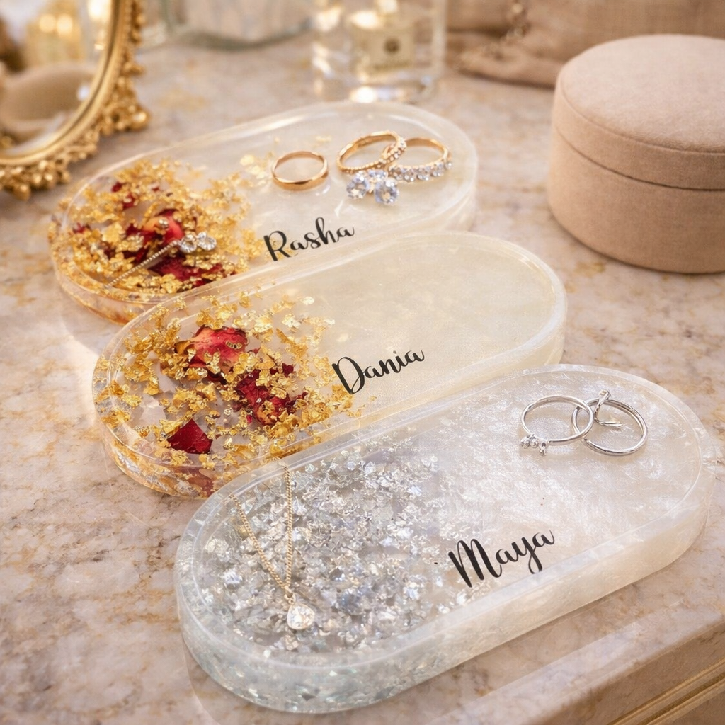 Personalized Epoxy Resin Jewelry Tray – Custom Name Luxury Trinket Dish with Gold & Silver Leaf | Handmade Vanity Organizer by SAMZ24