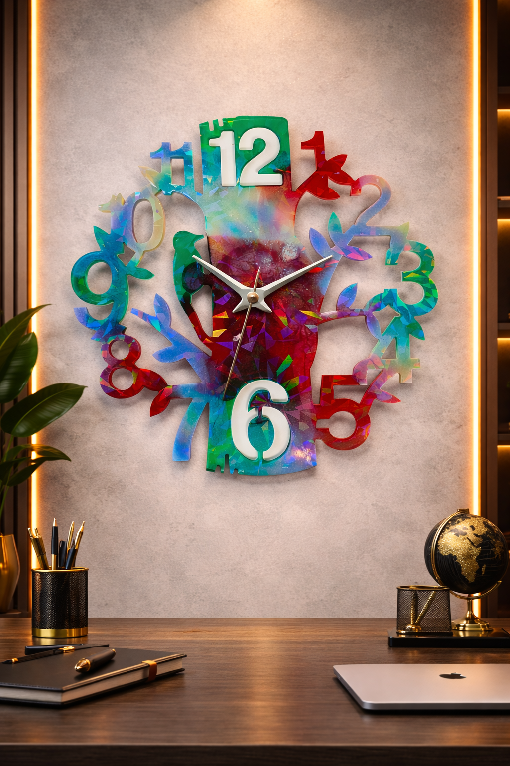 Handmade Multicolor Epoxy Resin Bird Wall Clock – Modern Sparrow Resin Art Clock – Unique Artistic Wall Decor – Designer Statement Clock – SAMZ24
