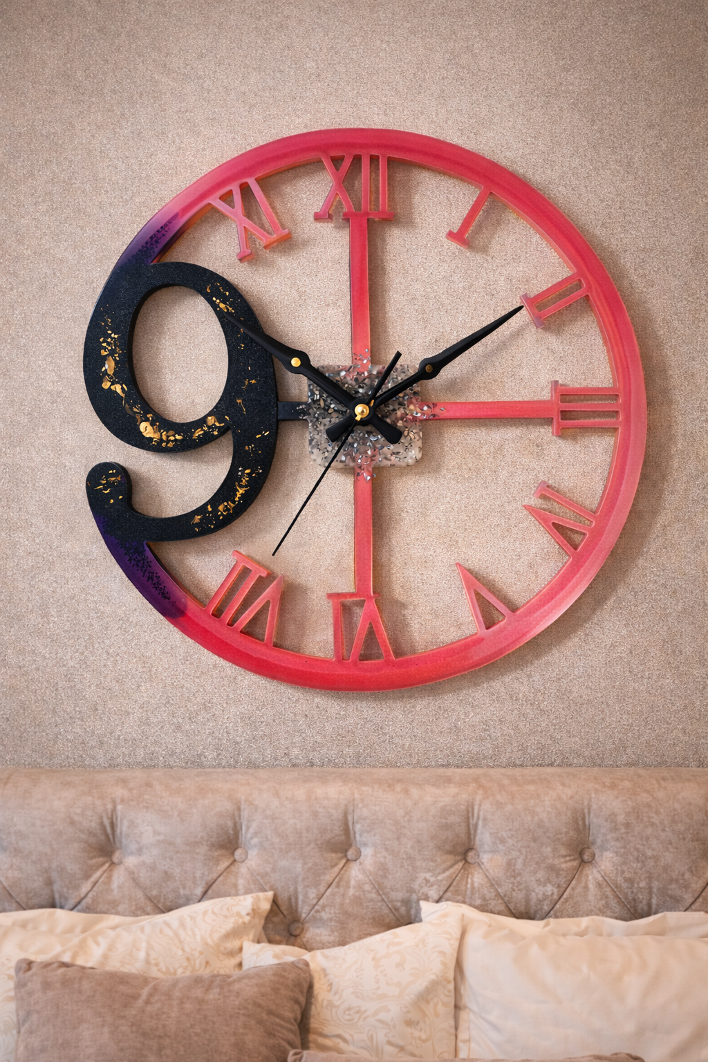 Handmade Pink & Black Epoxy Resin Wall Clock – Modern Roman Numeral Resin Clock with Decorative Number 9 – Artistic Wall Decor – SAMZ24