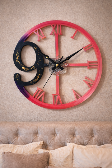 Handmade Pink & Black Epoxy Resin Wall Clock – Modern Roman Numeral Resin Clock with Decorative Number 9 – Artistic Wall Decor – SAMZ24