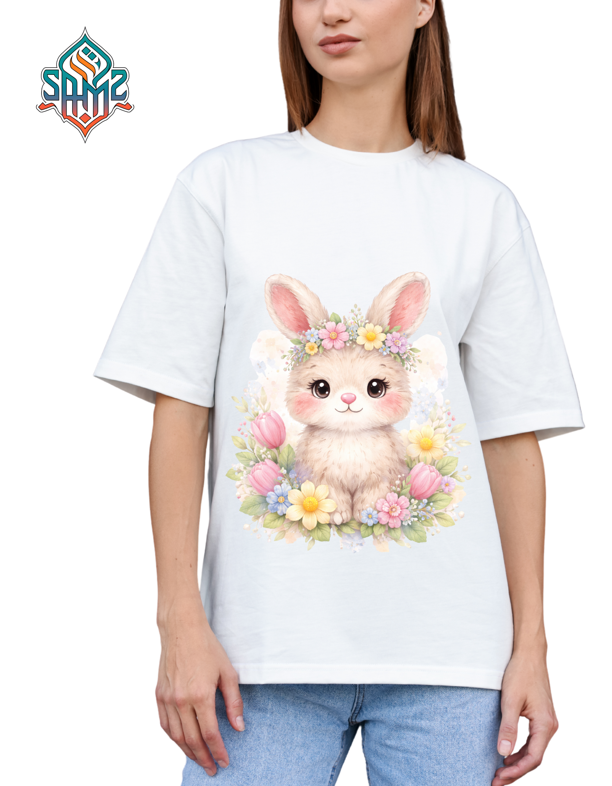 Adorable Floral Bunny T-Shirt – Cute Pastel Rabbit Graphic Tee, Spring Easter Shirt for Women & Girls, Soft Aesthetic Animal Design