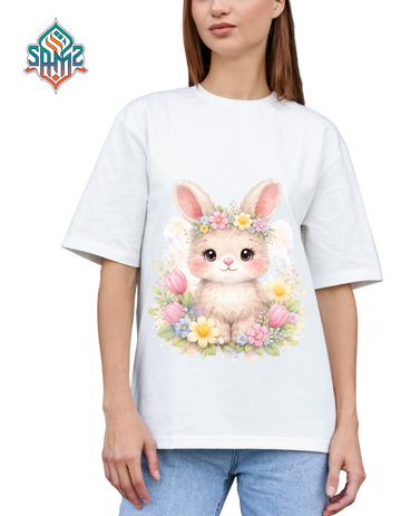 Adorable Floral Bunny T-Shirt – Cute Pastel Rabbit Graphic Tee, Spring Easter Shirt for Women & Girls, Soft Aesthetic Animal Design