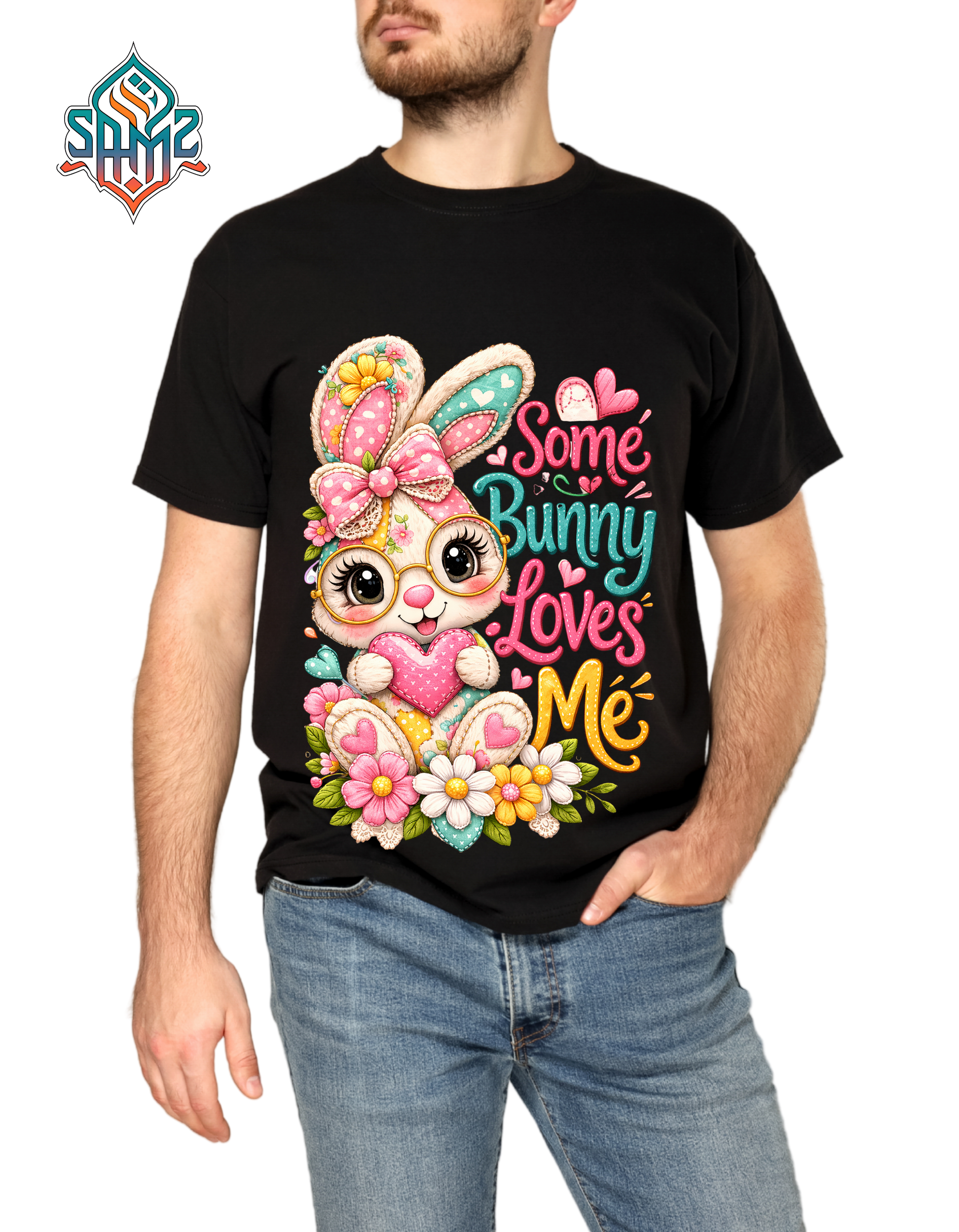 Cute Easter Bunny Shirt “Some Bunny Loves Me” – Kawaii Rabbit Graphic Tee with Glasses, Floral Spring Design, Easter Gift for Mom & Kids