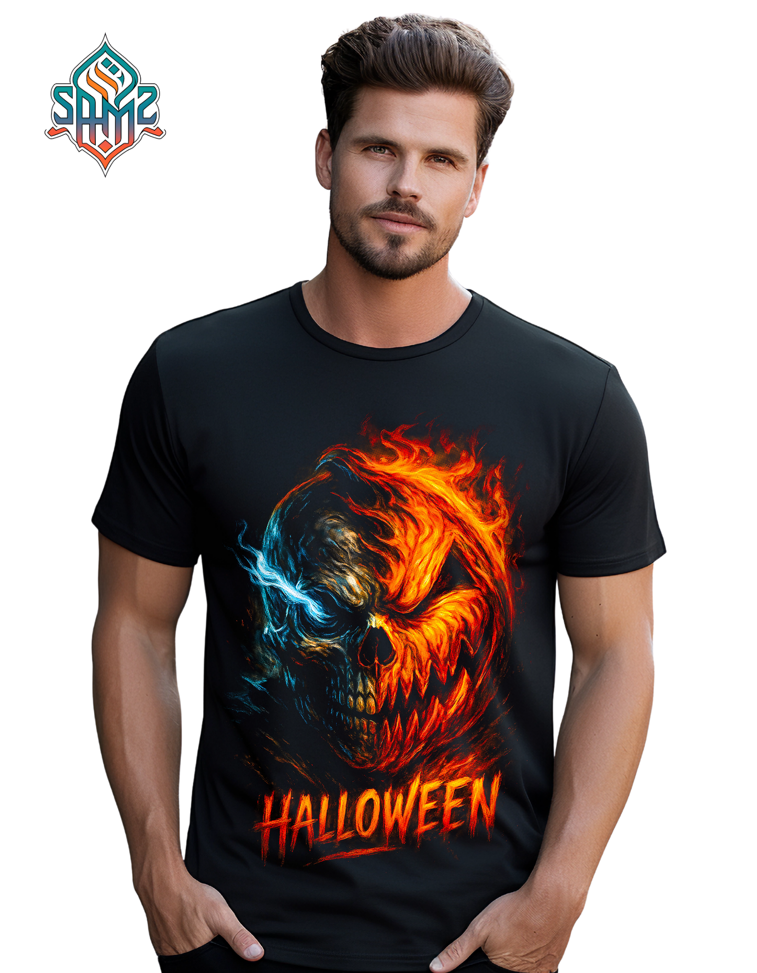 Halloween Skull T-Shirt – Fire and Ice Flaming Skull Graphic Tee, Horror Goth Streetwear Shirt for Men, Spooky Halloween Costume Top