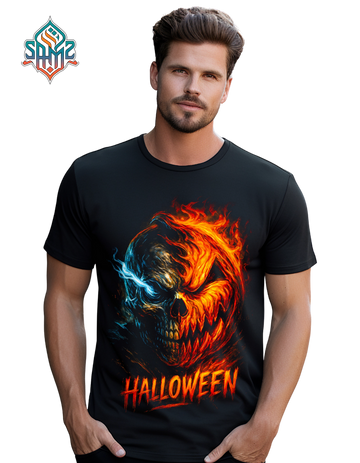 Halloween Skull T-Shirt – Fire and Ice Flaming Skull Graphic Tee, Horror Goth Streetwear Shirt for Men, Spooky Halloween Costume Top