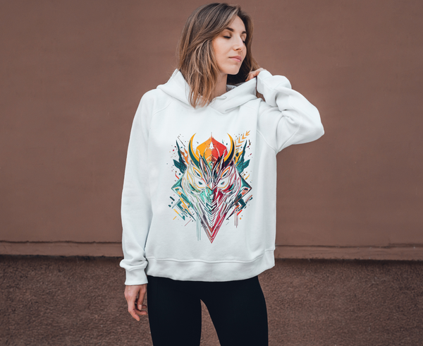 Geometric Fox Hoodie | Abstract Art Graphic White Sweatshirt