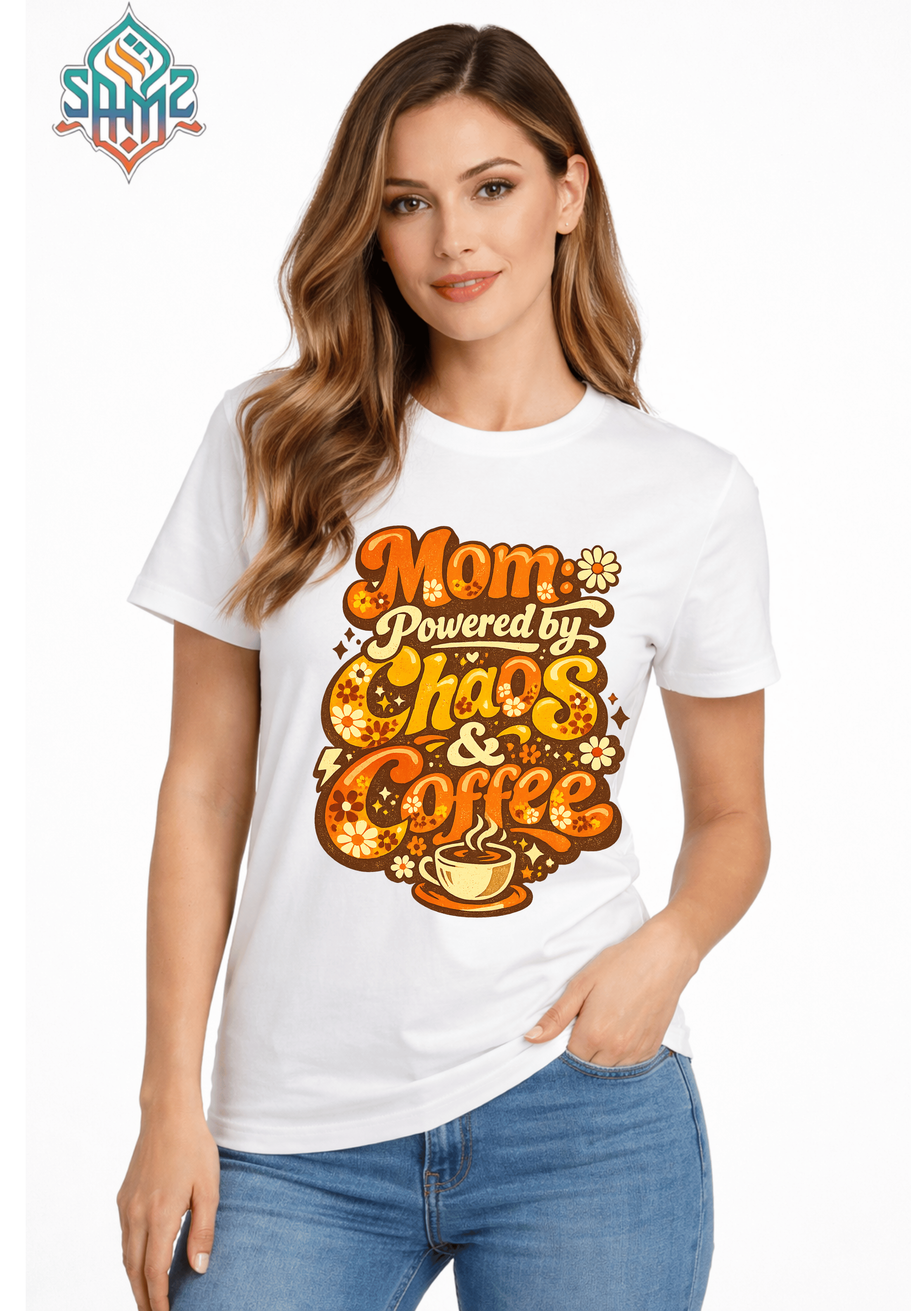 Mom Powered by Chaos & Coffee – Funny Mom Life T-Shirt | SAMZ 24