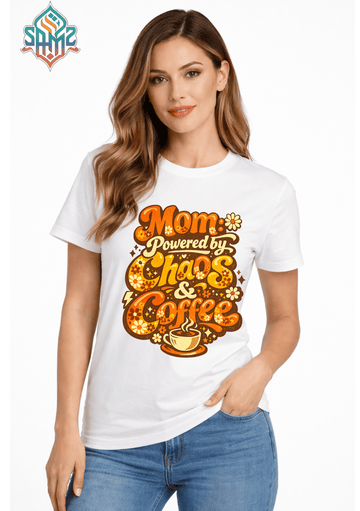 Mom Powered by Chaos & Coffee – Funny Mom Life T-Shirt | SAMZ 24