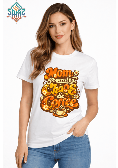 Mom Powered by Chaos & Coffee – Funny Mom Life T-Shirt | SAMZ 24