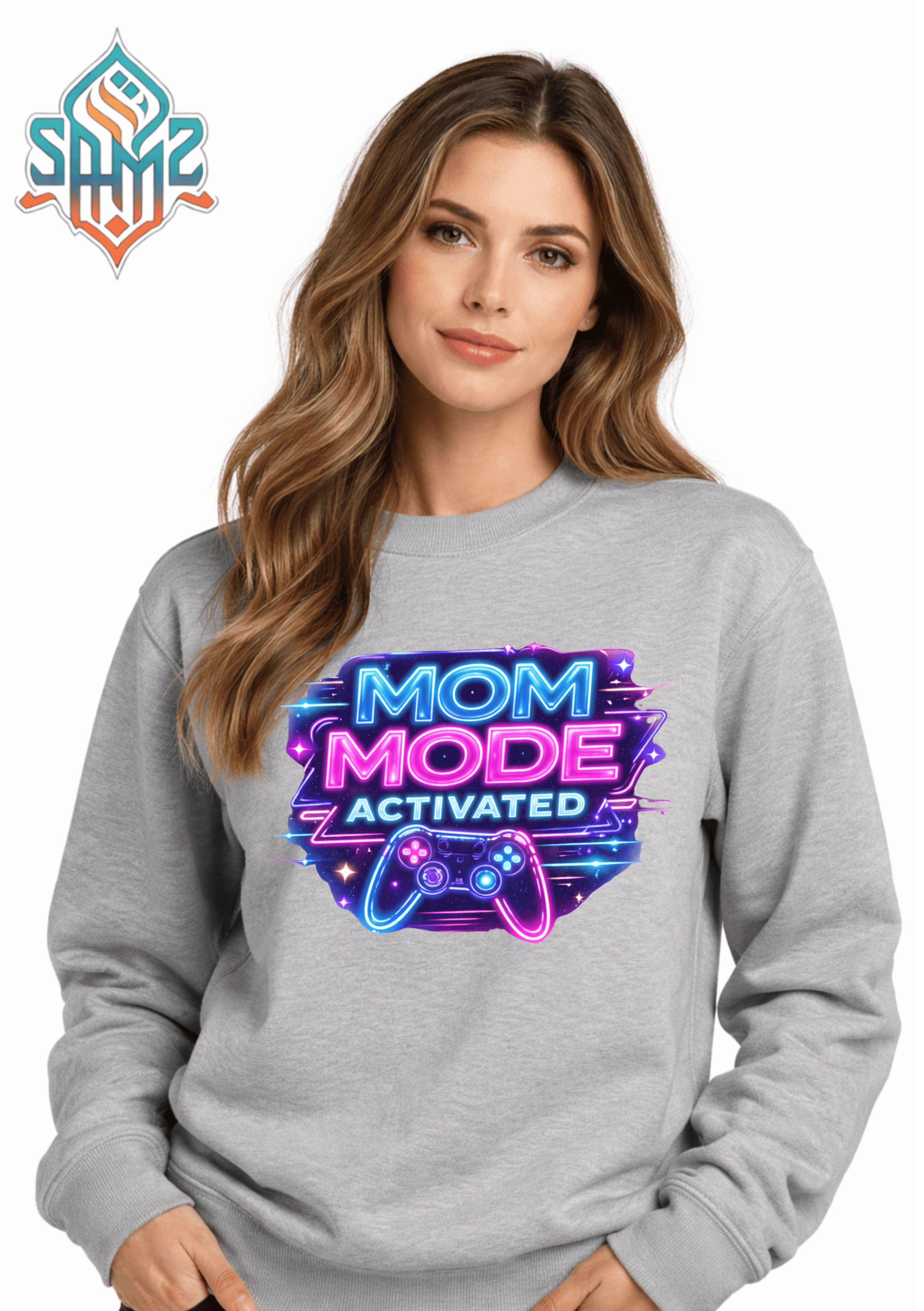 Mom Mode Activated Sweatshirt – Neon Gaming Style Mom Graphic Crewneck | Trendy Unisex Pullover | SAMZ 24