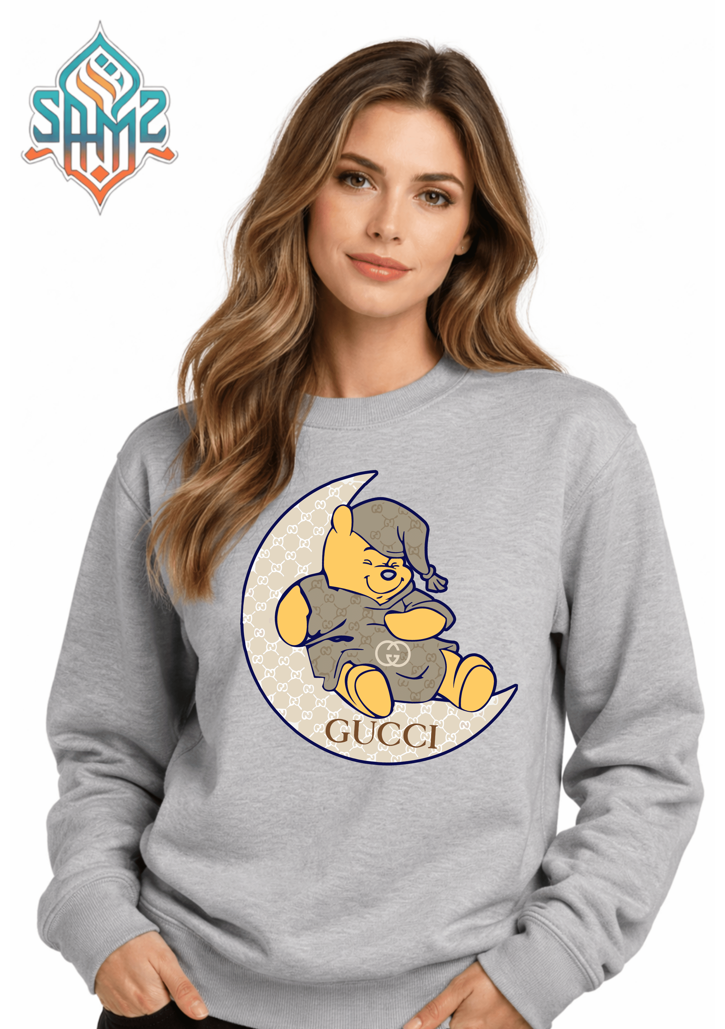 Winnie Bear Moon Graphic Sweatshirt – Cute Aesthetic Night Theme Streetwear Crewneck | Unisex Winter Pullover | SAMZ 24