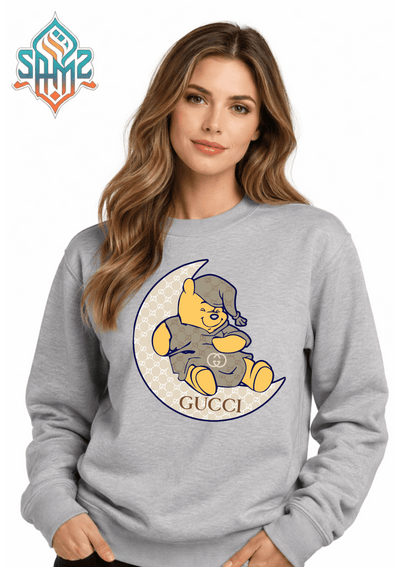 Winnie Bear Moon Graphic Sweatshirt – Cute Aesthetic Night Theme Streetwear Crewneck | Unisex Winter Pullover | SAMZ 24