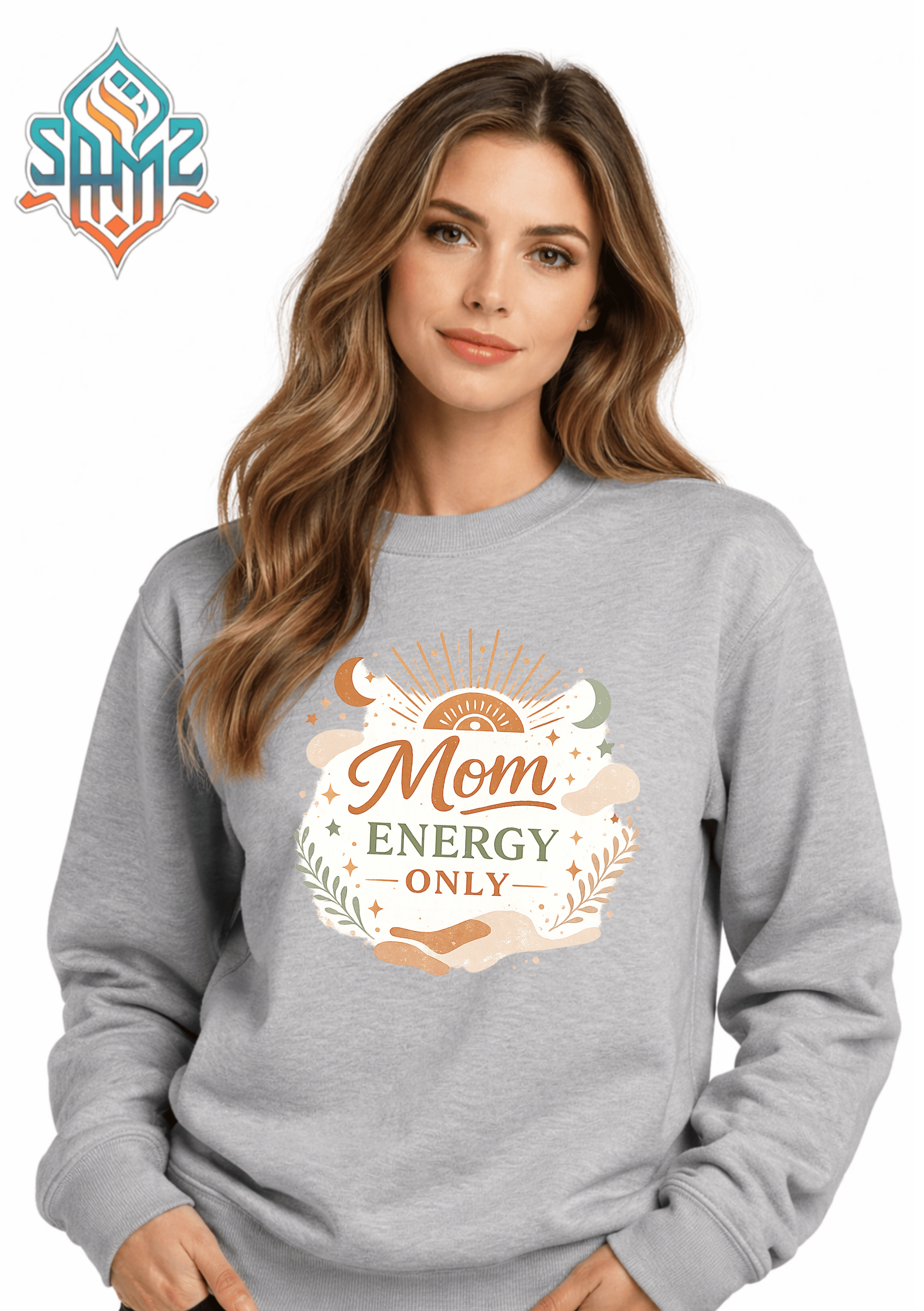 Mom Energy Only Sweatshirt – Aesthetic Minimal Mom Graphic Crewneck | Cozy Unisex Pullover | SAMZ 24