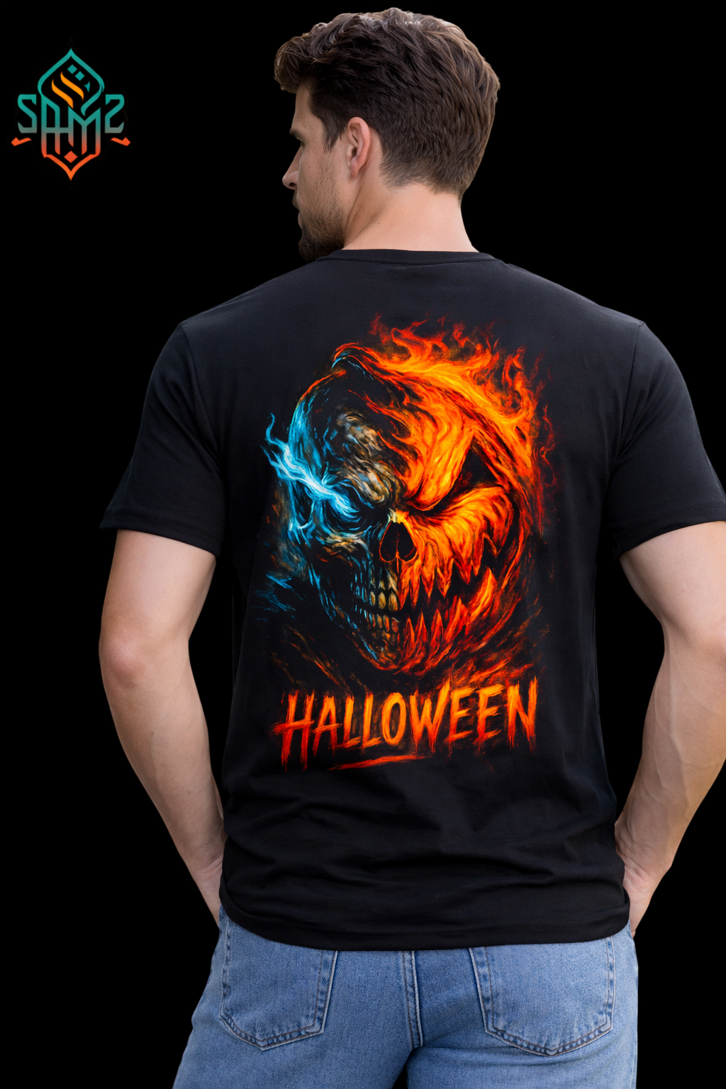 Halloween Skull T-Shirt – Fire and Ice Flaming Skull Graphic Tee, Horror Goth Streetwear Shirt for Men, Spooky Halloween Costume Top