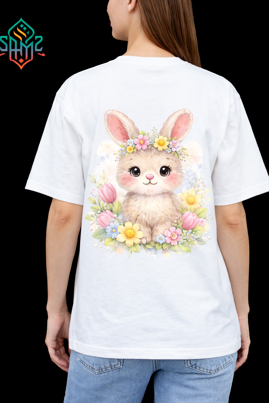 Adorable Floral Bunny T-Shirt – Cute Pastel Rabbit Graphic Tee, Spring Easter Shirt for Women & Girls, Soft Aesthetic Animal Design