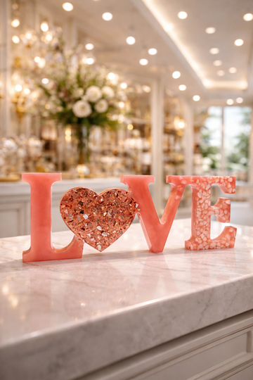 Luxury Resin LOVE Sign with Rose Gold / Silver Flakes – Modern Romantic Home Decor Sculpture