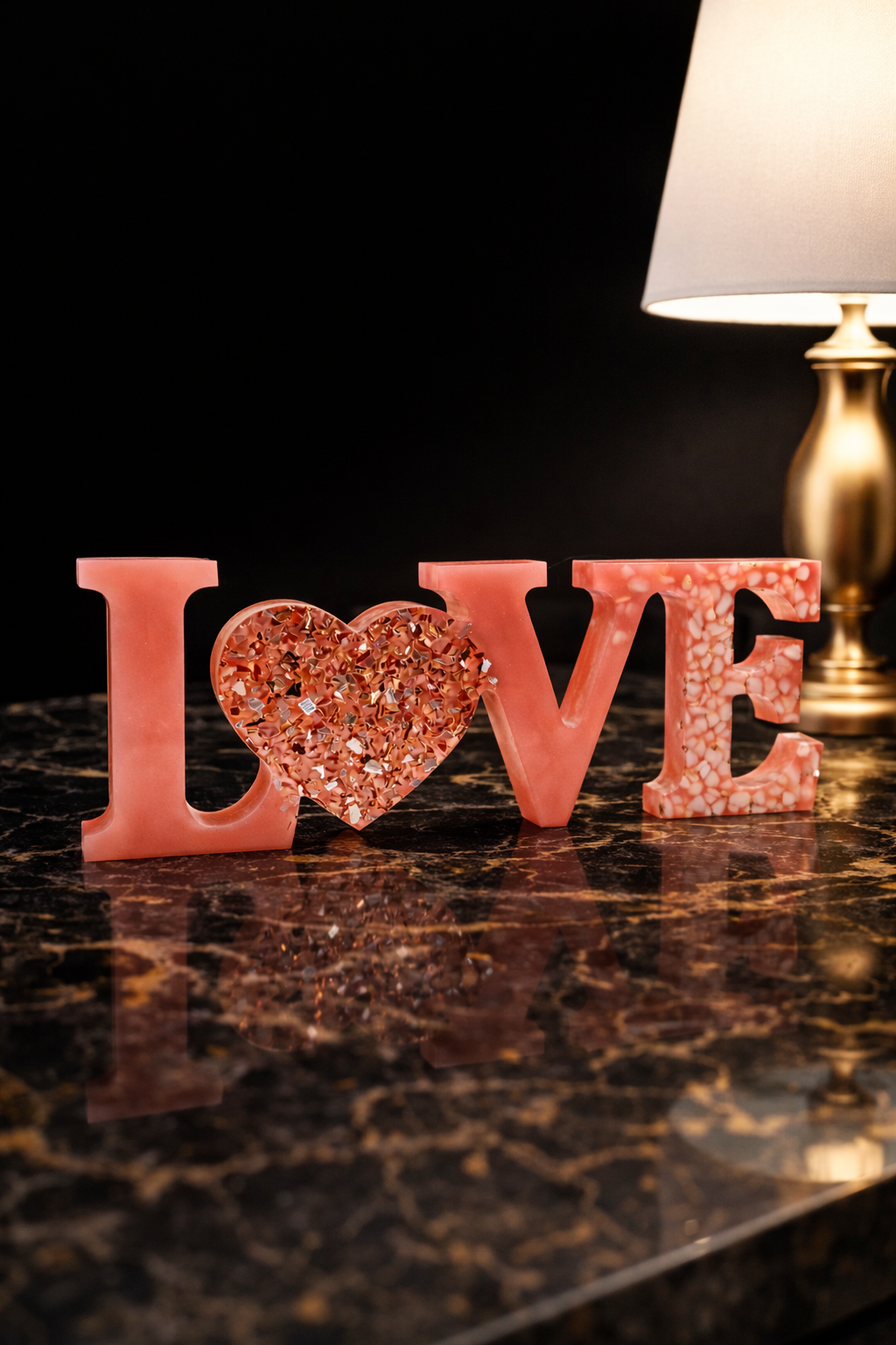 Luxury Resin LOVE Sign with Rose Gold / Silver Flakes – Modern Romantic Home Decor Sculpture