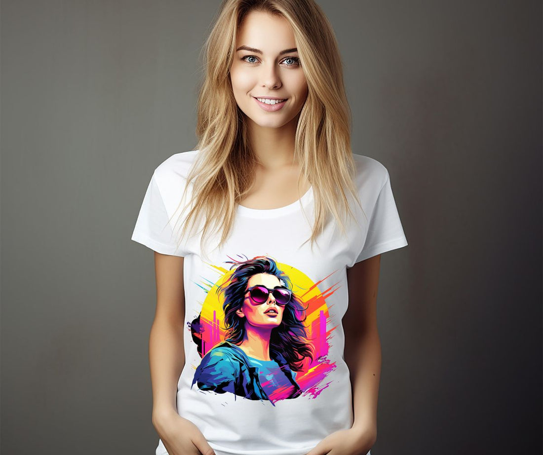 A woman wearing sunglasses and a blue shirt Tshirt