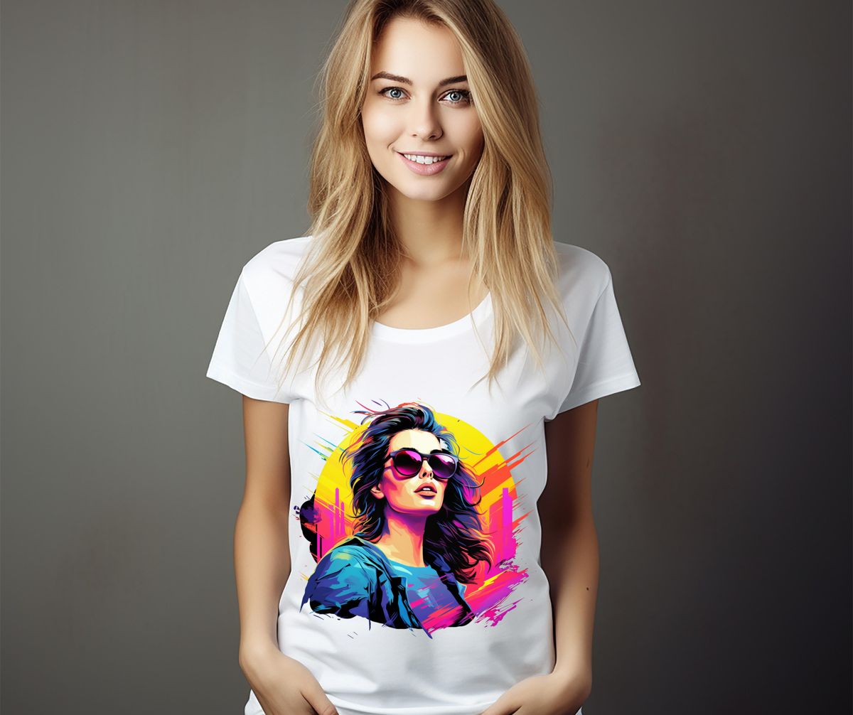 A woman wearing sunglasses and a blue shirt Tshirt