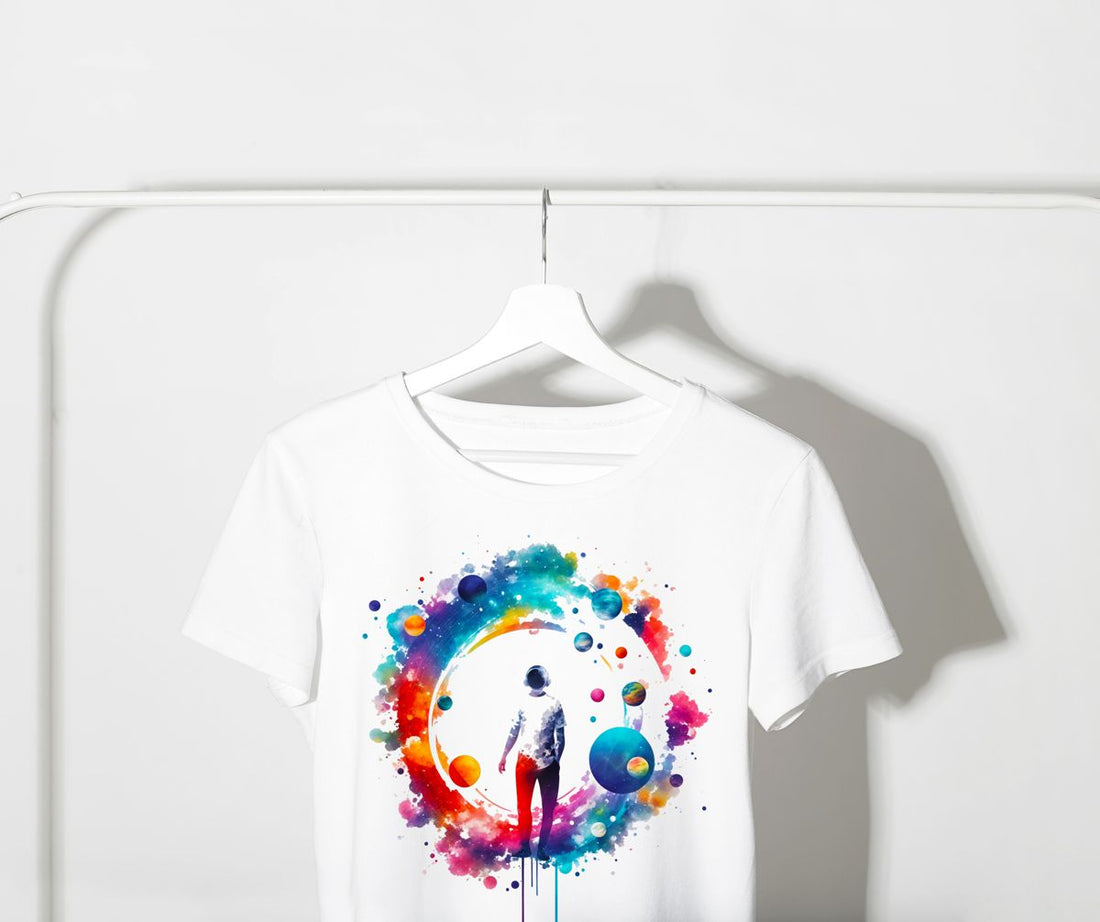 A man in a white shirt and red pants surrounded by a colorful, abstract design Tshirt