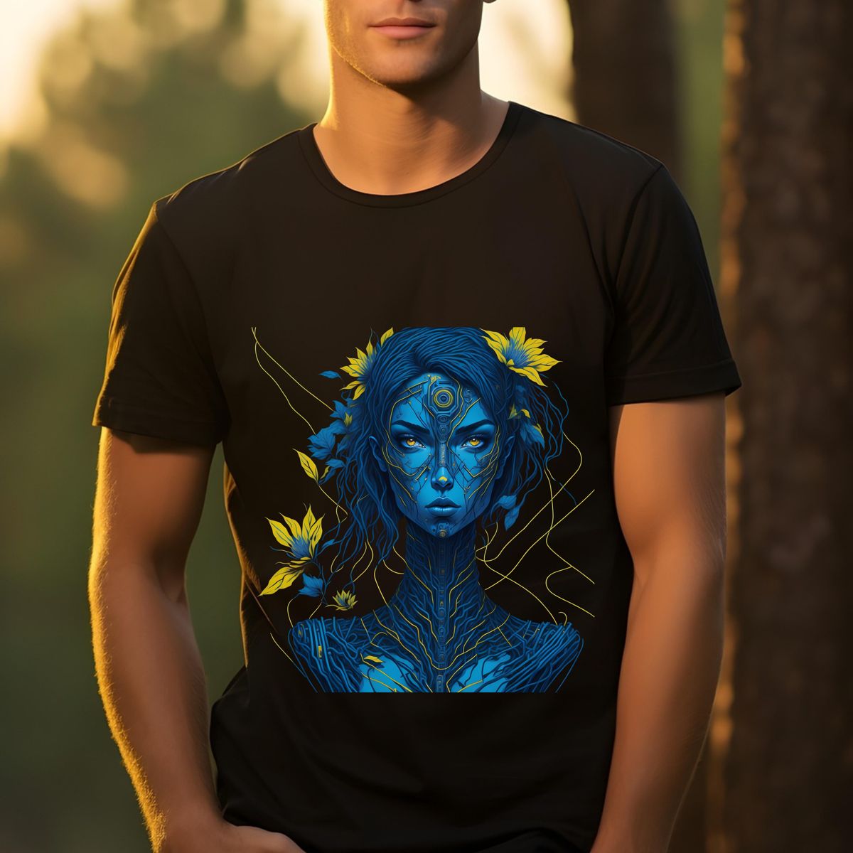 A woman with blue skin and yellow flowers in her hair Tshirt