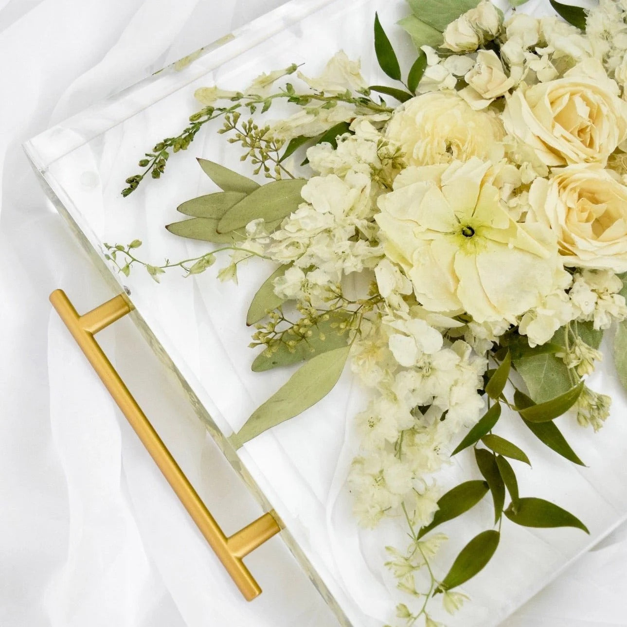 Clear Resin  with Gold Handles and White Flowers Tray
