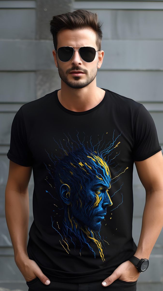 A man's face with blue and yellow lightning bolts Tshirt