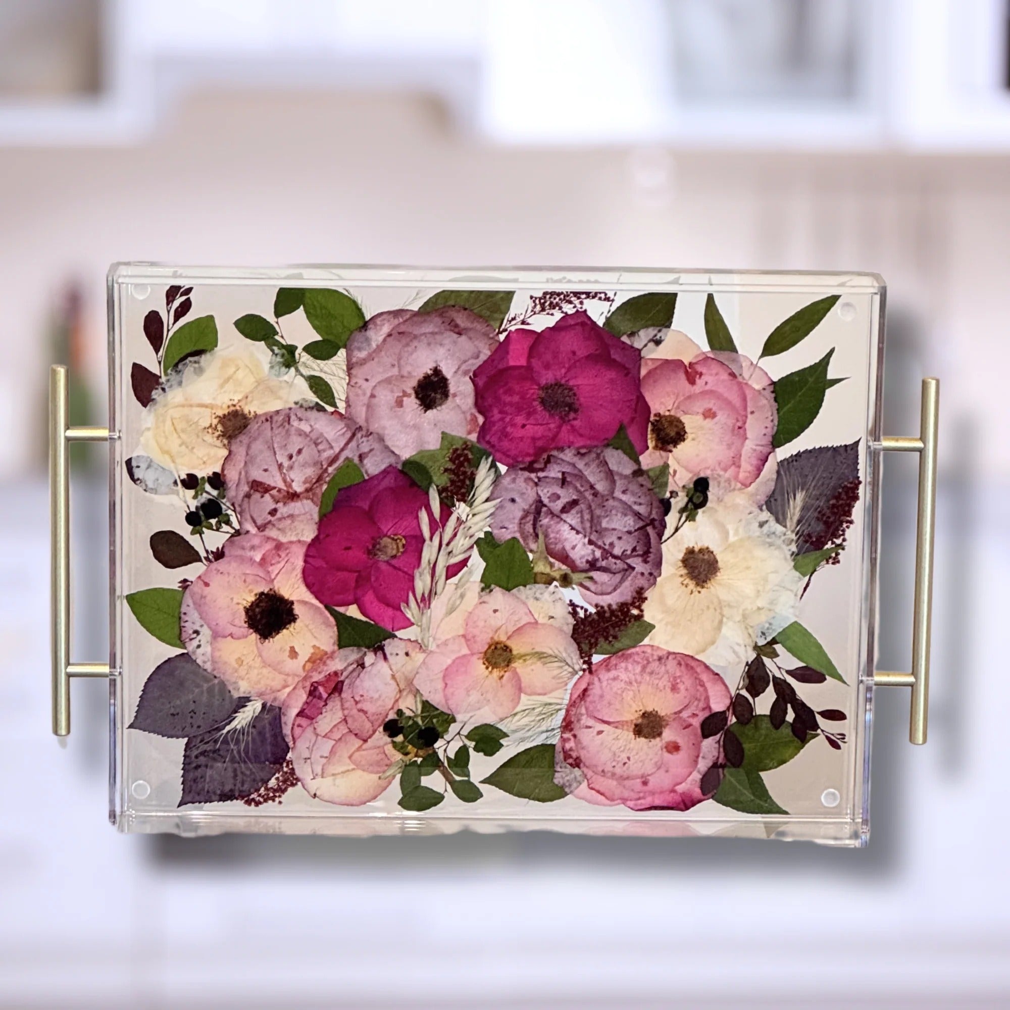 Clear Resin  with Gold Handles and Pressed Flowers Tray