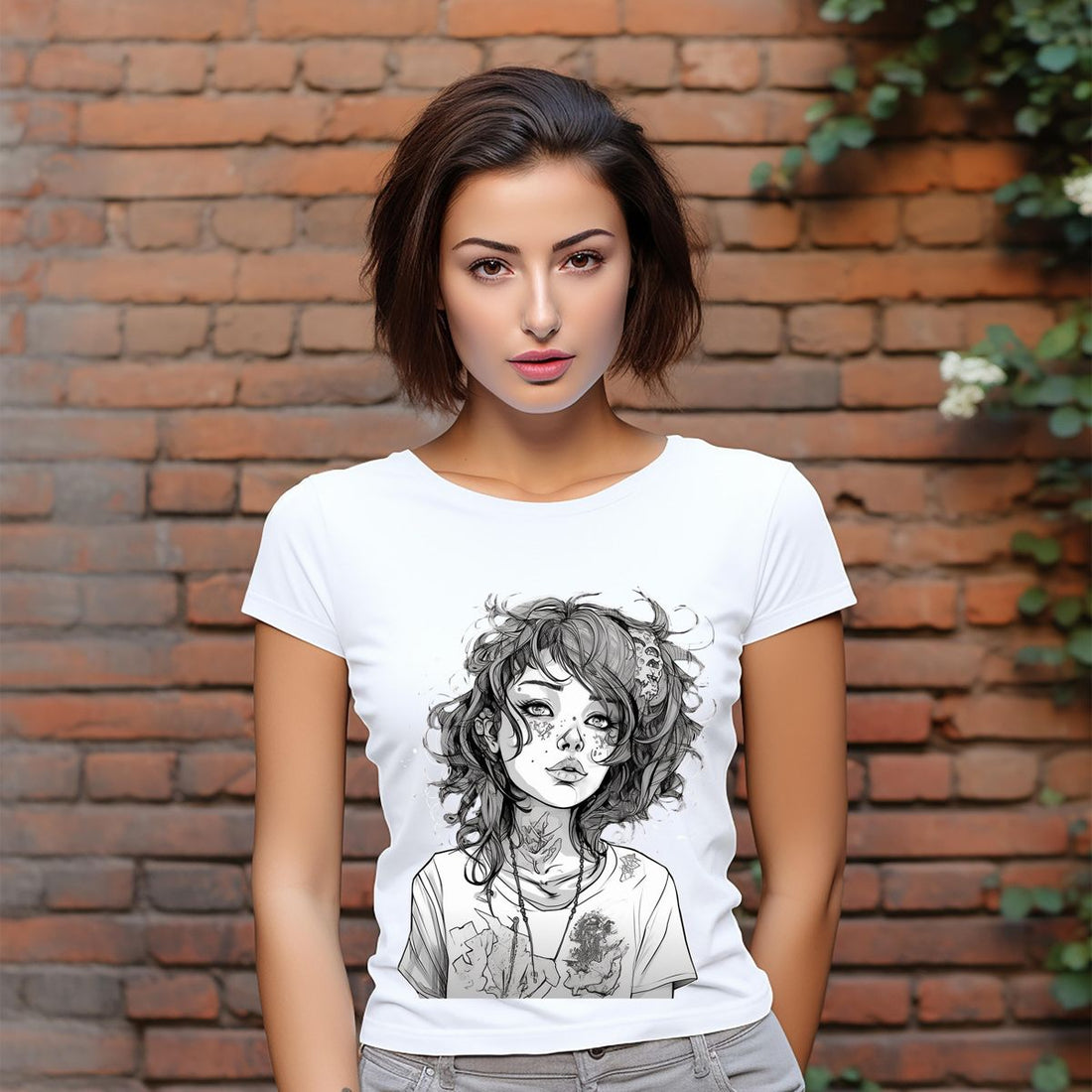 A woman with long hair and tattoos on her face, wearing a white t-shirt Tshirt
